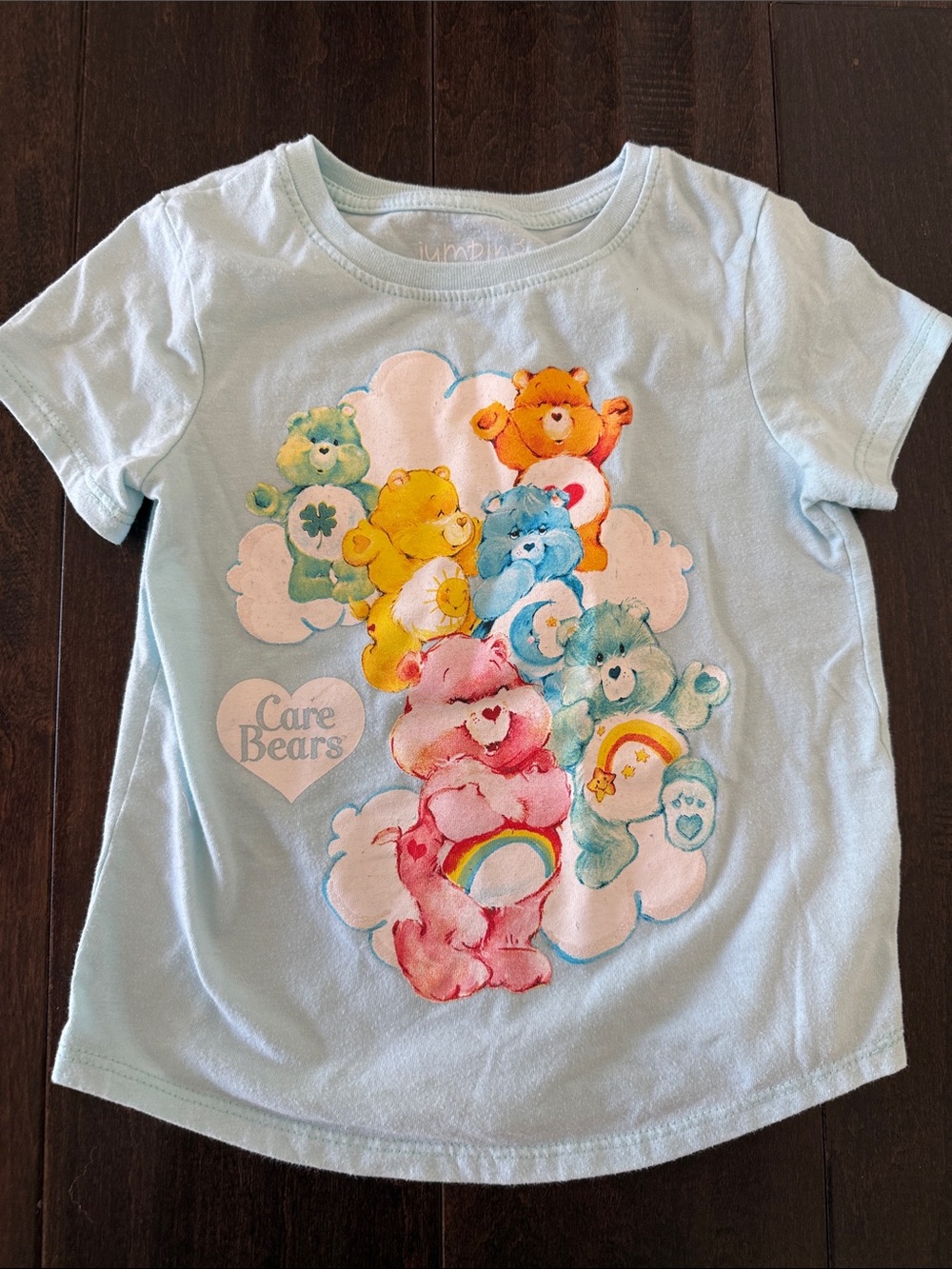 Care Bears Jumping Beans Light Blue Short Sleeve Graphic Tee with Rainbow Bears